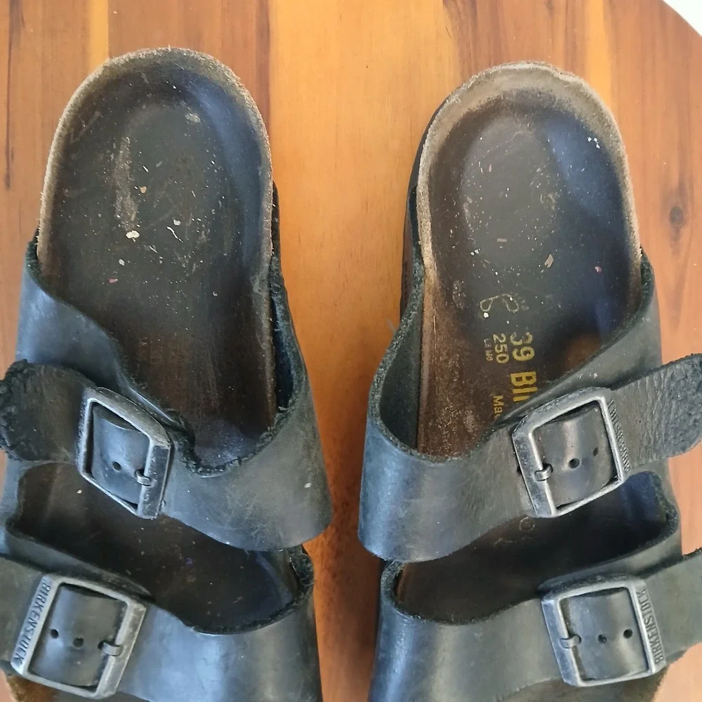 Birkenstock Arizona Sandals Mens 39 W8 M6 Black Leather‎ Double Strap Slides